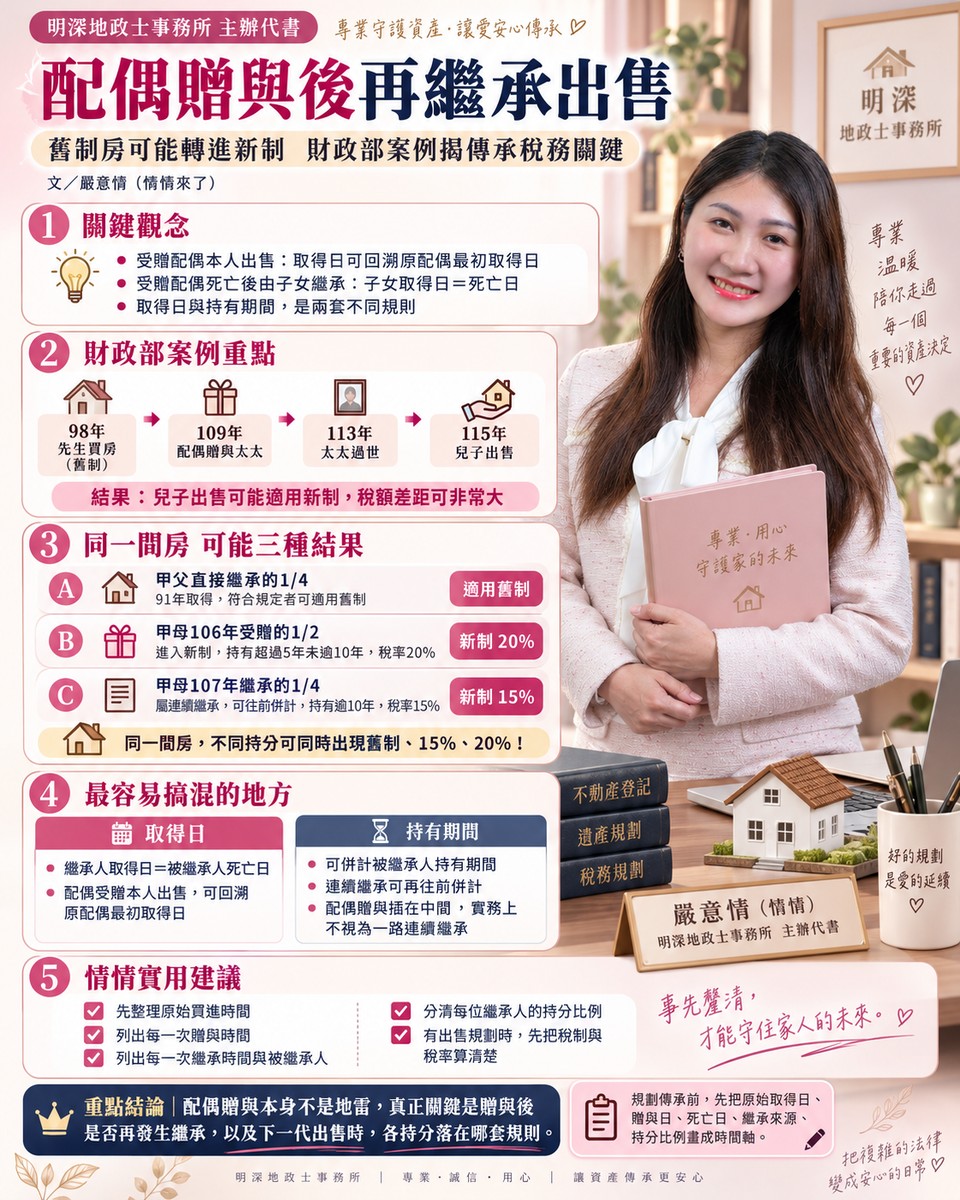 配偶贈與後再繼承出售｜舊制房可能轉進新制　財政部案例揭傳承稅務關鍵