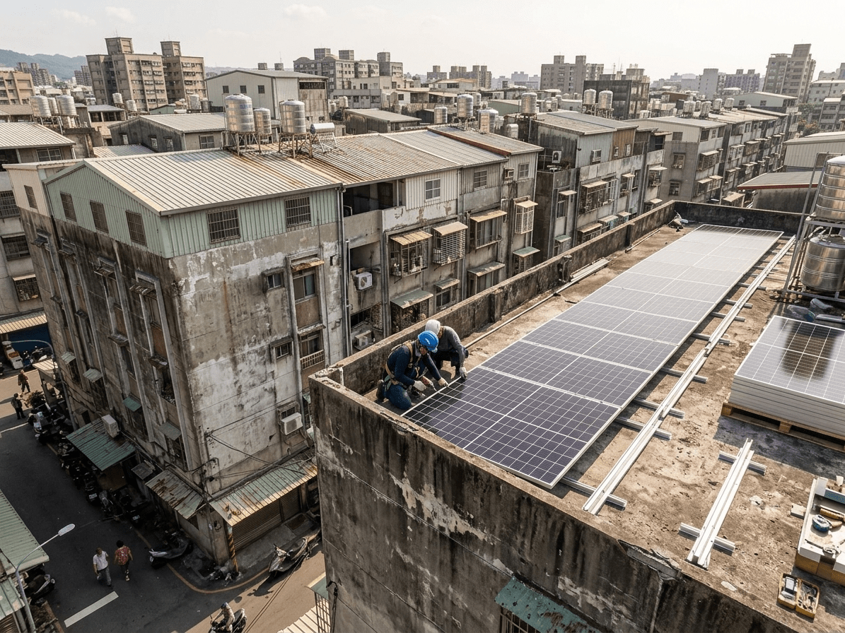 ▌無論是為了爭取老宅延壽的綠能補助，抑或是減少社 區公共用電支出，老舊公寓加裝屋頂太陽光電板必須 經過嚴格的結構安全性能與荷載評估，防範光電系統 支架錨固施工對老屋結構防水與承載性能造成二次損 害。（圖片來源：AI製圖）