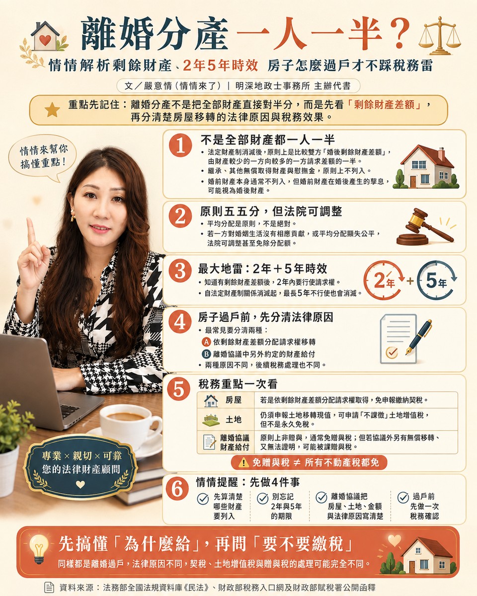 離婚分產一人一半?情情解析剩餘財產、2年5年時效　房子怎麼過戶才不踩稅...