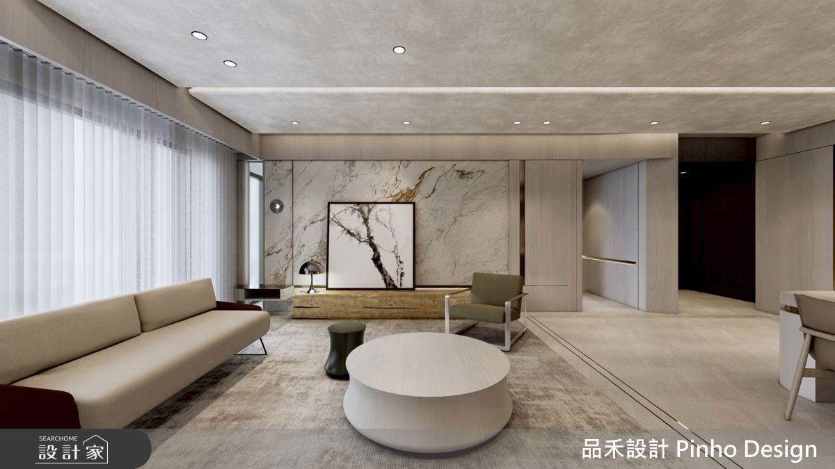 105坪豪宅把奢華藏進細節裡！石材、鍍鈦與彎曲玻璃，打造沉穩歷久的質感...