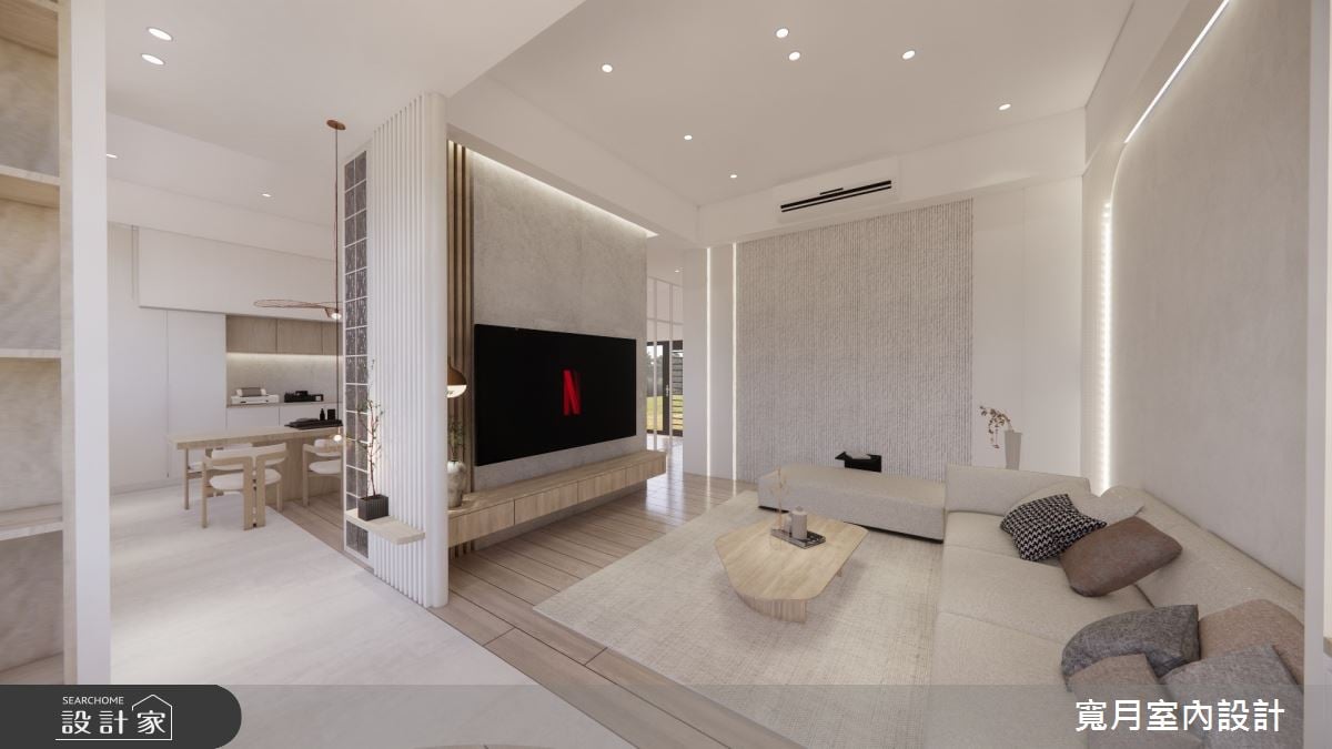 日式侘寂別墅設計，格柵屏風、弧形地坪與半開放廚房實現靜謐溫潤的自然居所