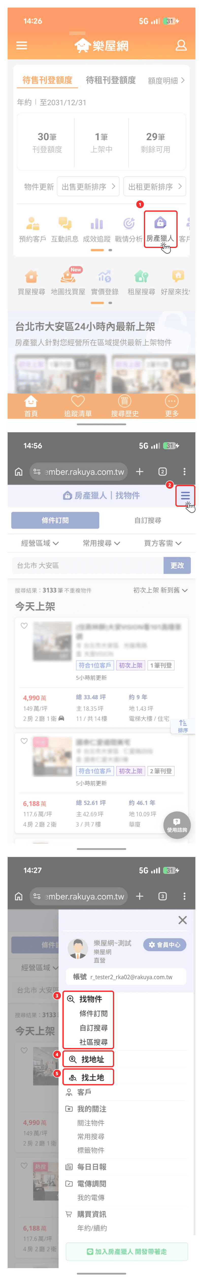 從樂屋網App上進入房產獵人操作流程示意圖。（圖片來源：樂屋網）