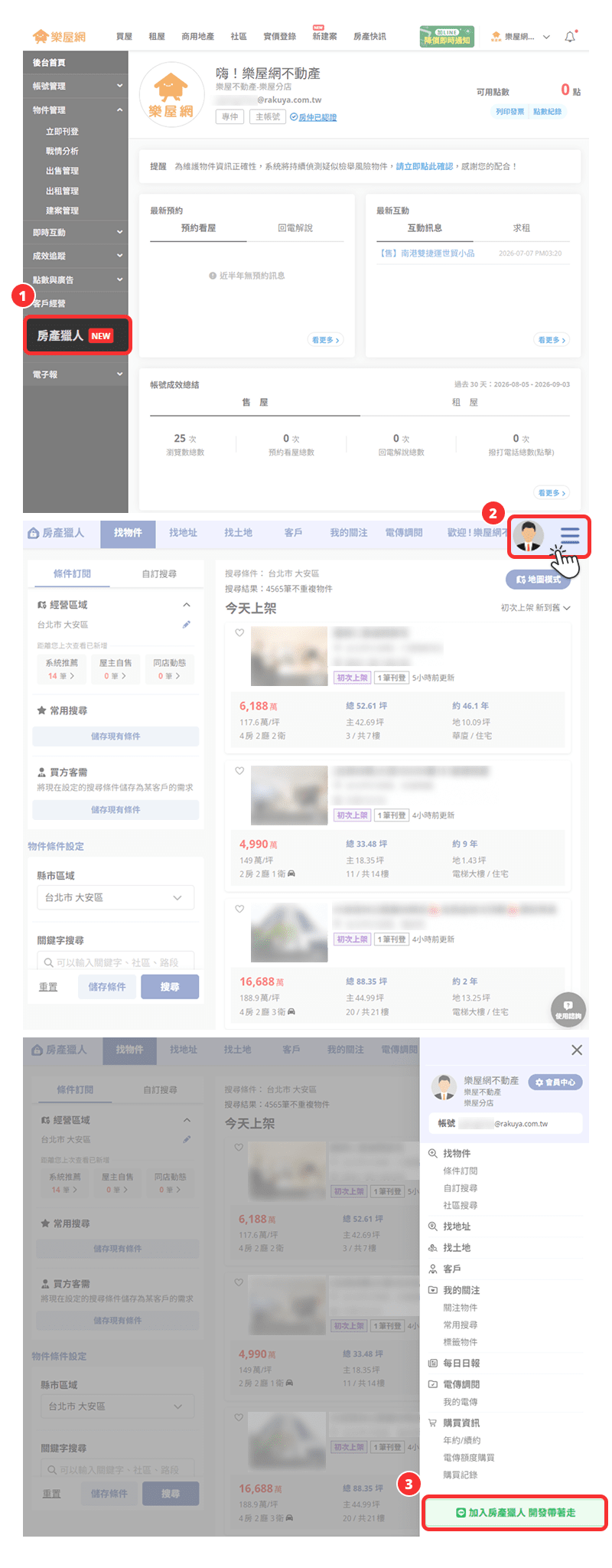 在樂屋網後台綁定房產獵人LINE，以便收到新物件上架推播，操作流程圖解。（圖片來源：樂屋網）
