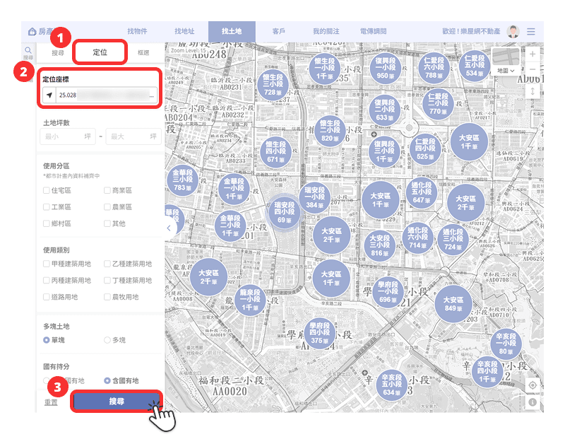 房產獵人【找土地】定位功能操作流程示意圖。（圖片來源：樂屋網）