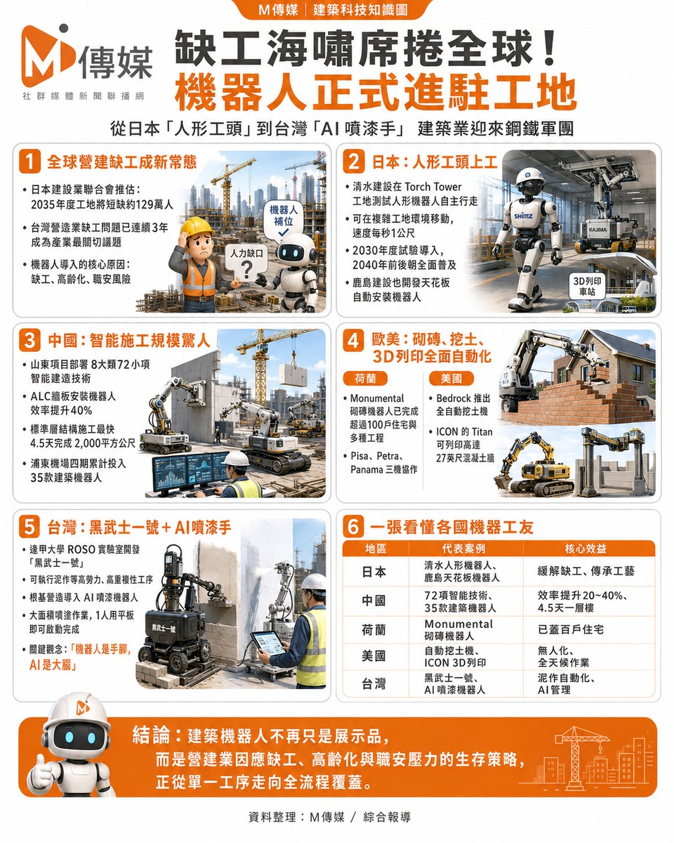 缺工海嘯席捲全球!機器人正式進駐工地 從日本「人形工頭」到台灣「AI噴...