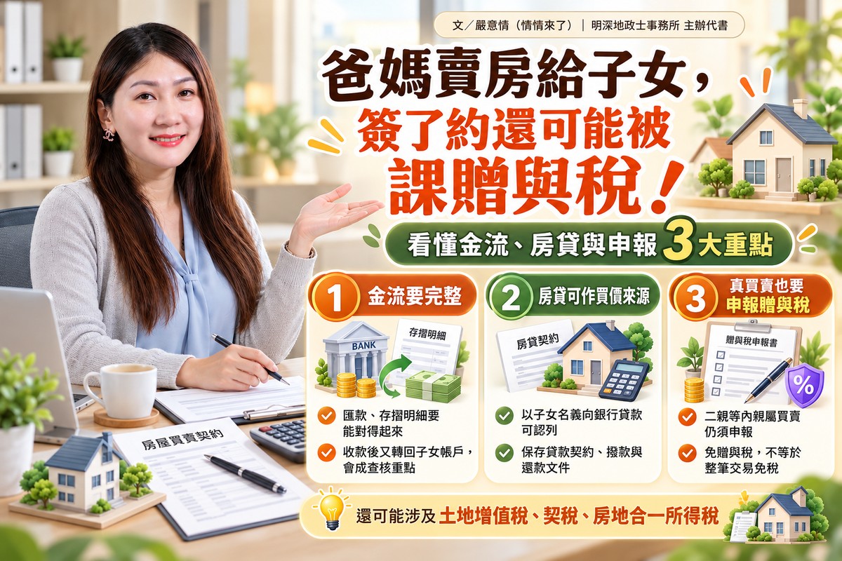 爸媽賣房給子女，簽了約還可能被課贈與稅！情情教你看懂金流、房貸與申...