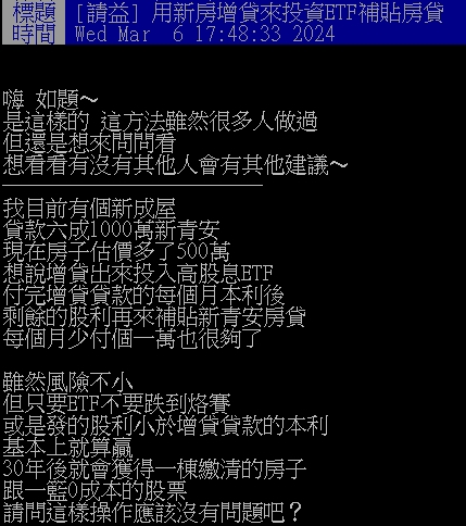 想拿房增貸投資ETF！他喊「30年能換1棟房」 專家：小心槓桿開太大