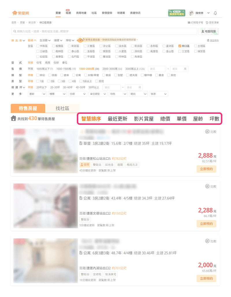 樂屋網物件搜尋結果排序說明。（圖片來源：樂屋網）