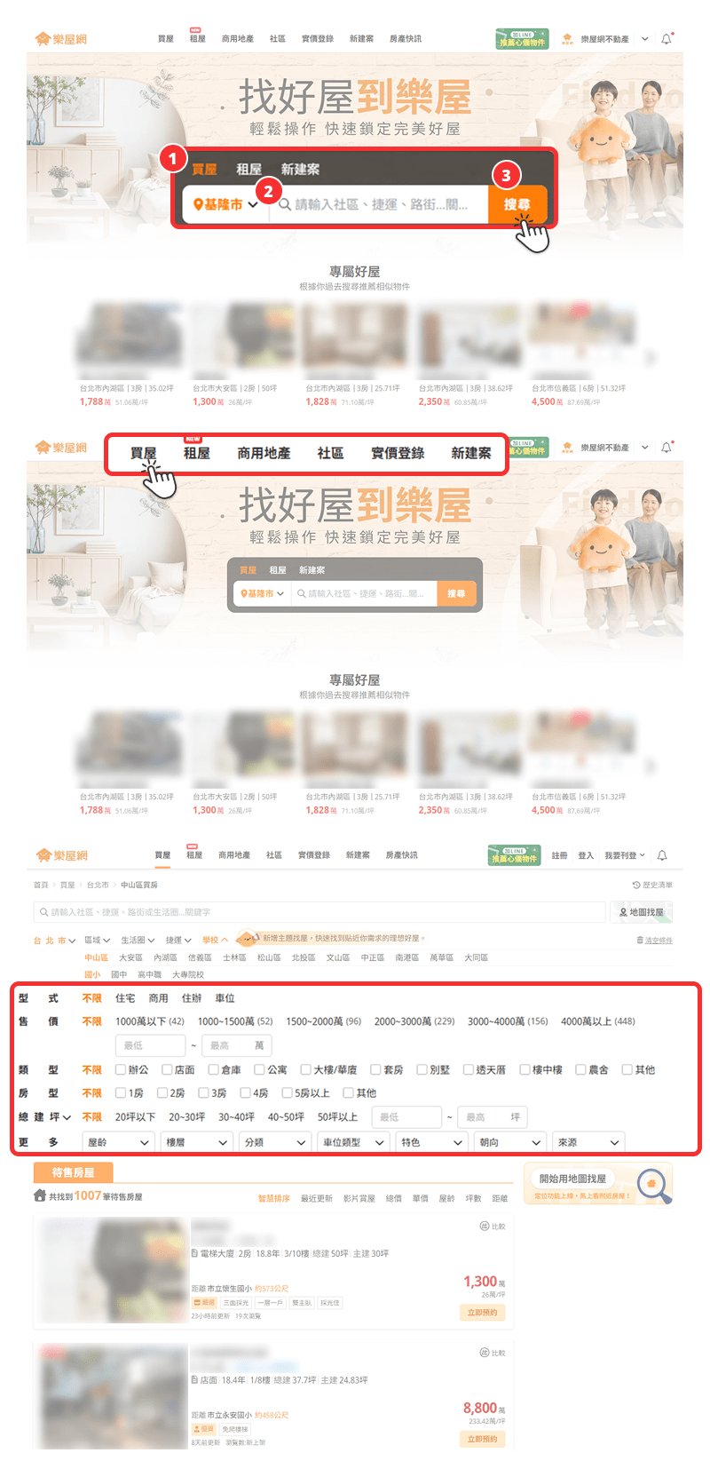 以「買屋」情境為例,在樂屋網上搜尋物件操作流程示意圖。(圖片來源:樂屋網) 以「買屋」情境為例,在樂屋網上搜尋物件操作流程示意圖。(圖片來源:樂屋網)