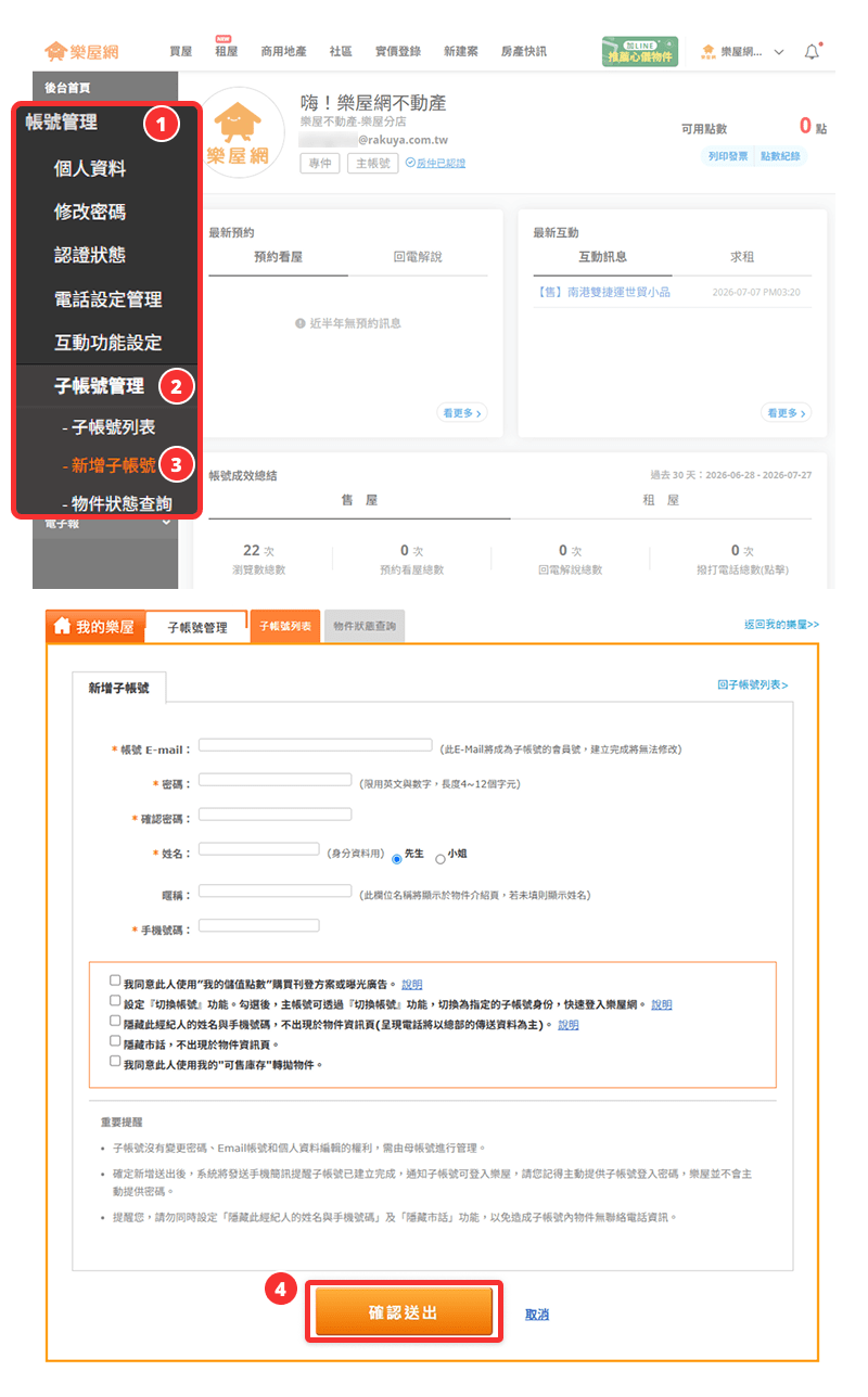 主帳號如何新增子帳號流程示意圖。（圖片來源：樂屋網）