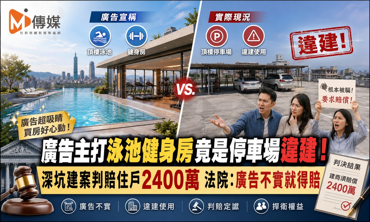 廣告主打泳池健身房竟是停車場違建！深坑建案判賠住戶2400萬 法院：廣告...