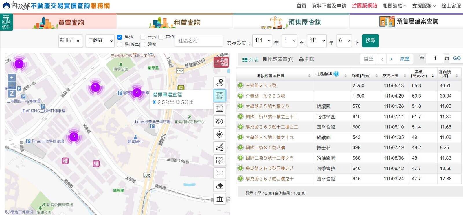 ▲三峽區龍埔國小學區，今年周邊房價平均35.9萬元，有些甚至已衝破50萬元，3年內漲幅為28%。（圖片來源 / 內政部不動產交易實價查詢服務網）
