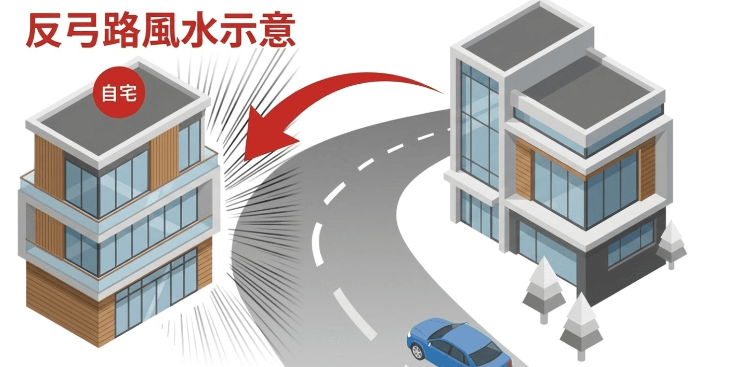 反弓路風水指的是房屋位於道路、河流或類似線狀結構的彎曲外側，看起來像弓箭的反彎形狀。