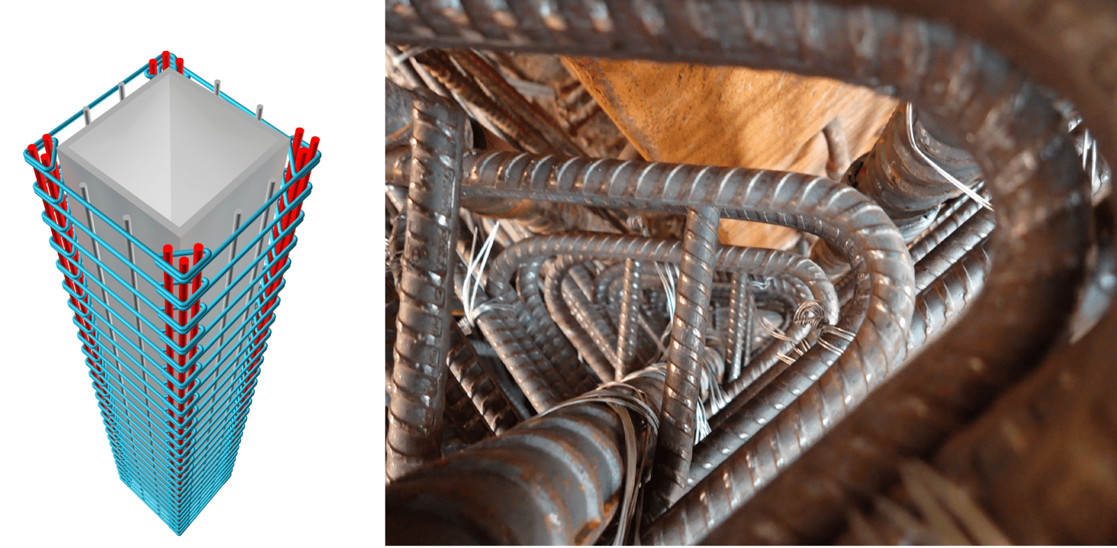 「Alfa Safe鋼骨柱中柱」工地現場綁紮柱鋼筋實體品質呈現，施工可省去焊接工、綁步減少，降低傳統SRC柱邊角之環繫筋組件眾多綁紮繁複問題，安全性更高，可縮短施工工期。