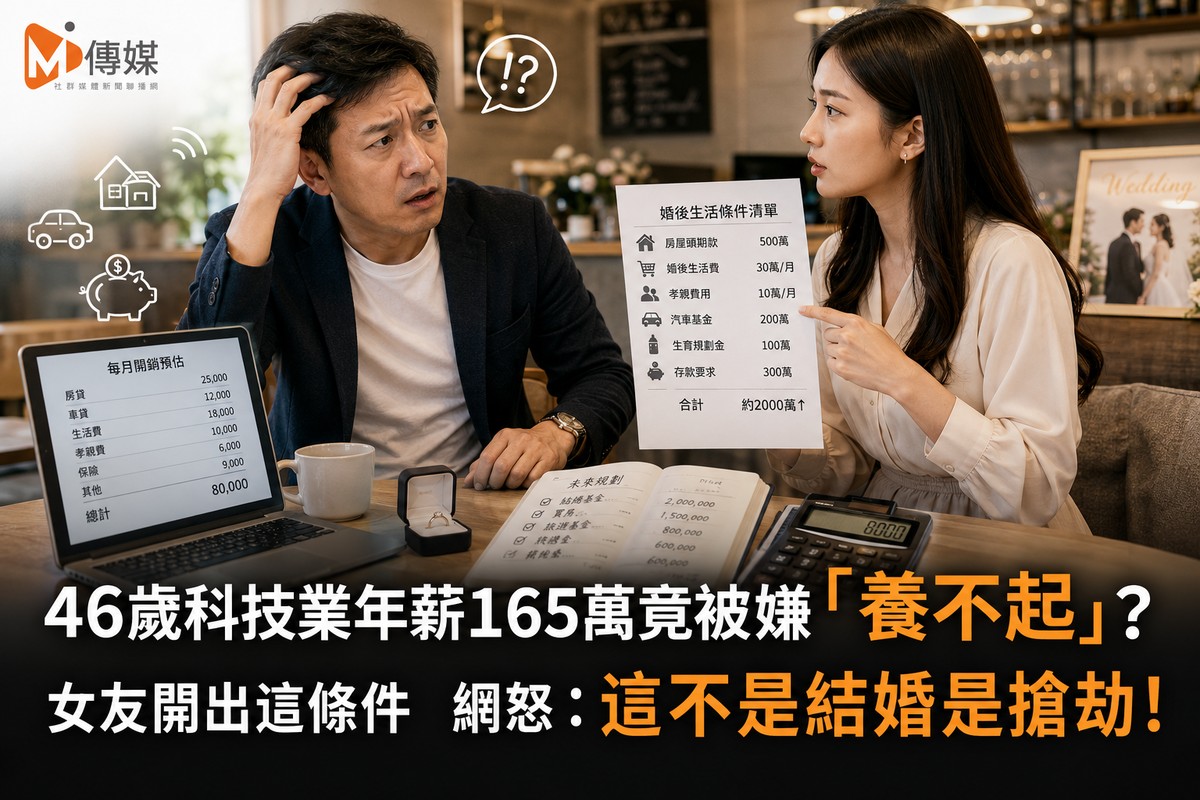 46歲科技業年薪165萬竟被嫌「養不起」？女友開出這條件 網怒：這不是結...