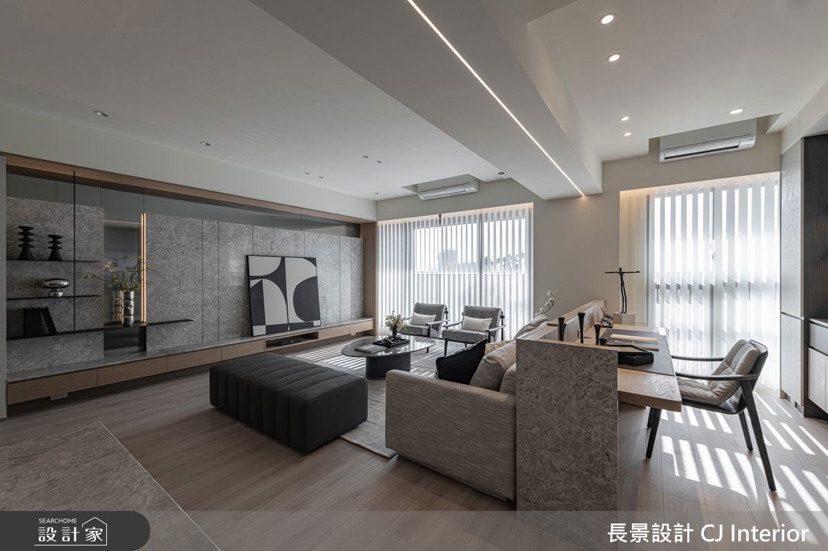 一座中島串起家的互動風景，現代輕美式以異材質語彙形塑優雅生活尺度