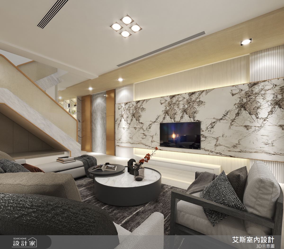 豪宅標配玫瑰金鍍鈦、大理石與木質格柵！細節設計打造60坪現代風別墅！