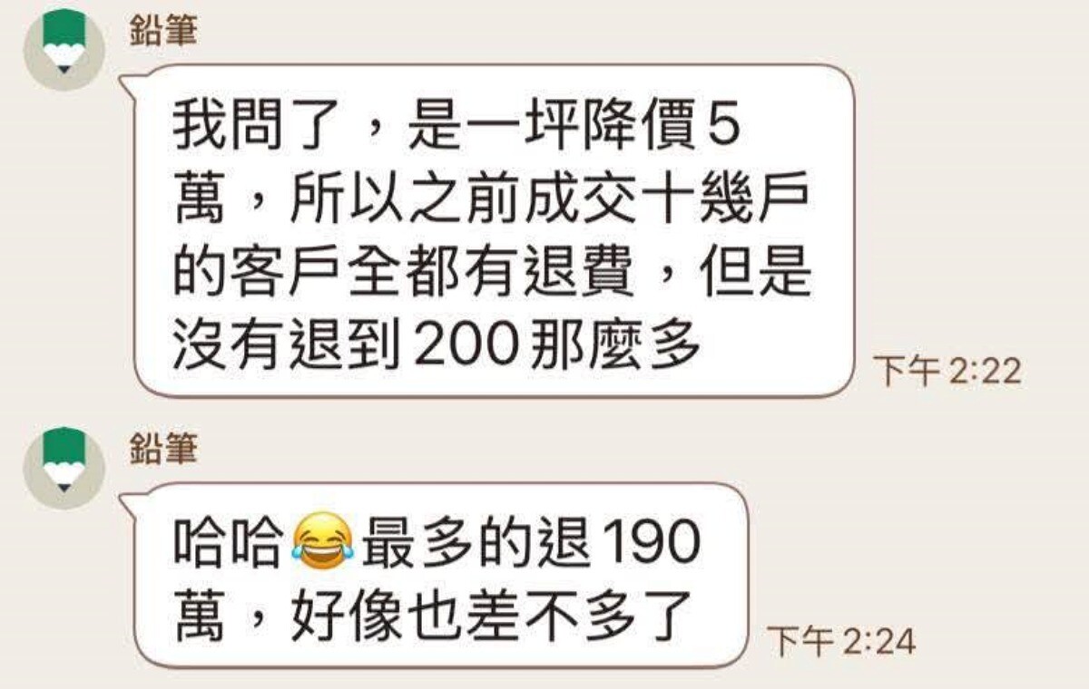 另有網友提到，謙大華每坪約折讓５萬元，實際換算並非200萬。（網路翻攝）