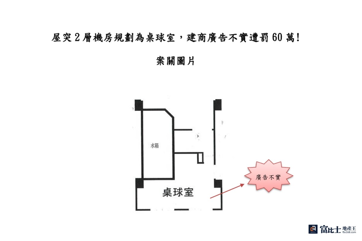 朴子市預售案「仰望」，其廣告平面圖將屋突2層的機房設計為桌球室，有誤導用途之疑。（圖／公平會提供）