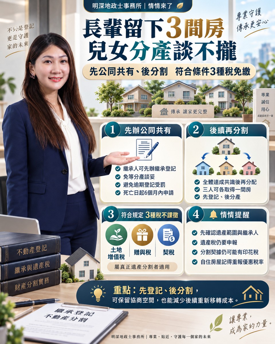 長輩留下3間房，兒女分產談不攏！情情教「先公同共有、後分割」　符合條...