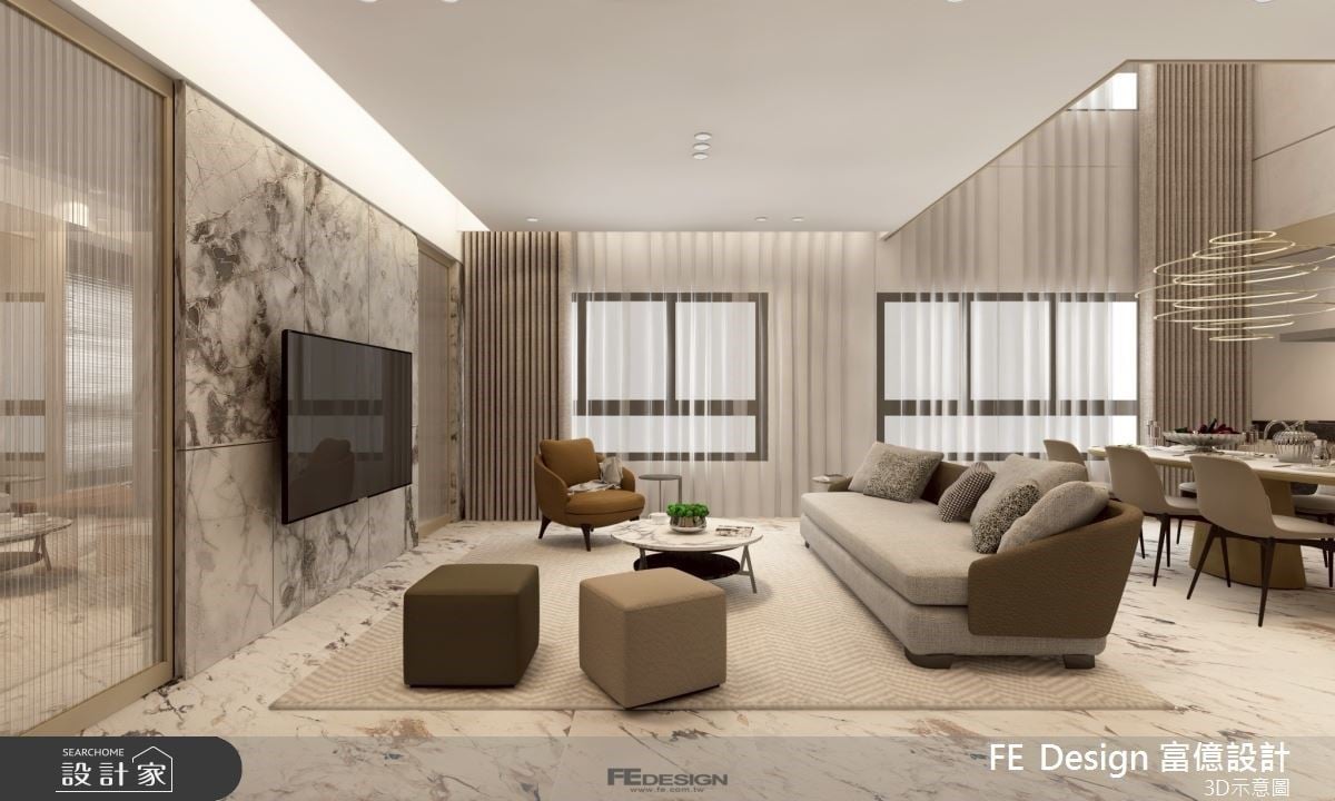 挑高視野串聯72坪毛胚屋!棕色調與石材交織，為現代宅注入雋永質韻