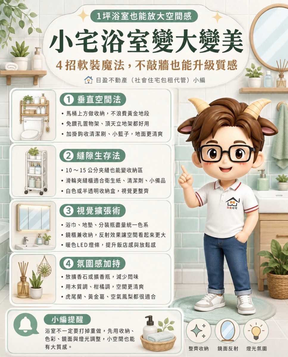 小宅浴室只有1坪？別急著找工班！4招軟裝魔法，不敲牆也能讓浴室變大變美！