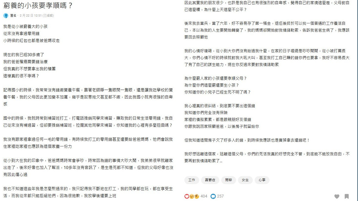 家中負債父生病 媽情勒「回家顧爸房給你」他掙扎：窮養的小孩該孝順？