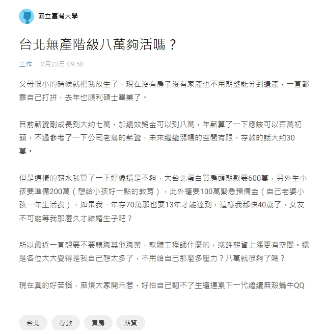 台北無產階級月收80K 他精算「40歲才能買房生孩」崩潰：怕連累下一代
