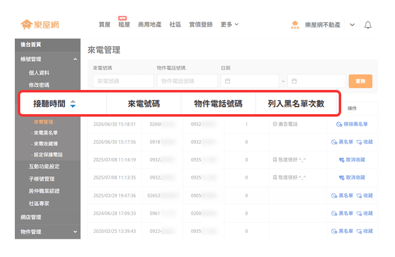 【來電管理】中欄位名詞定義說明。（圖片來源：樂屋網）