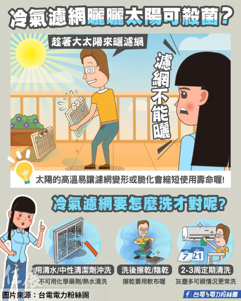 冷氣濾網曬太陽可殺菌？ 台電：當心縮短濾網使用壽命