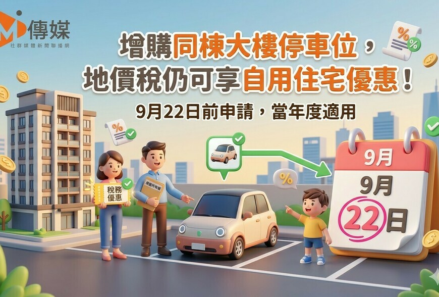 增購同棟大樓停車位，地價稅仍可享自用住宅優惠！9月22日前申請，當年度...