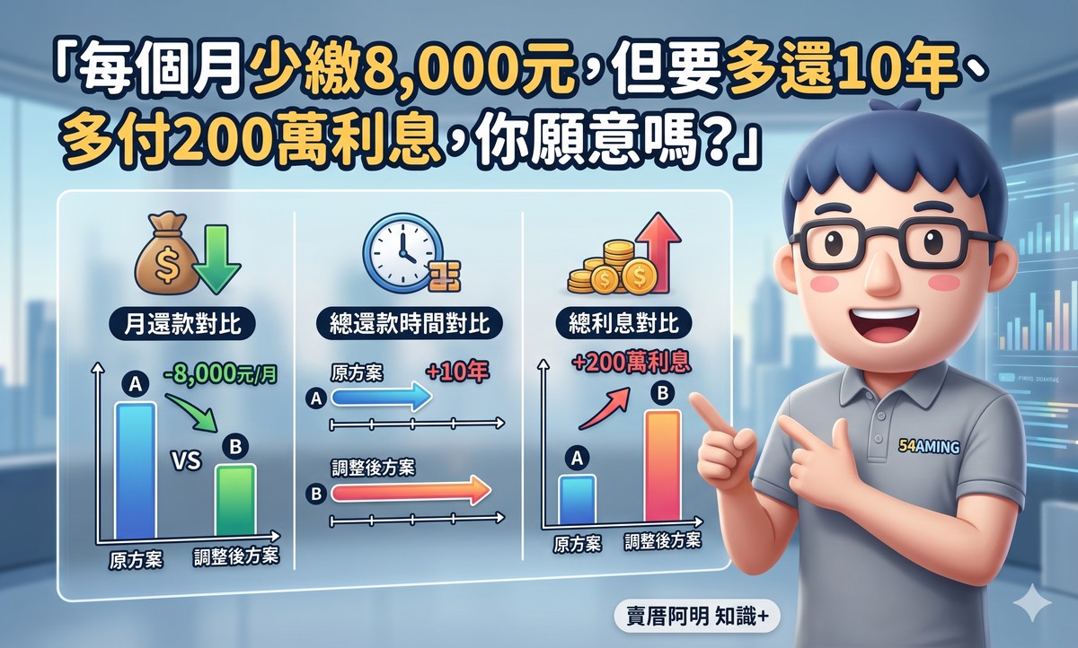 「每個月少繳8,000元，但要多還10年、多付200萬利息，你願意嗎？」