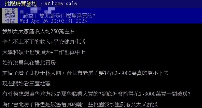 夫妻年薪250萬不敢買 他問能「置產台北」都什麼職業？網笑：重點在爸爸
